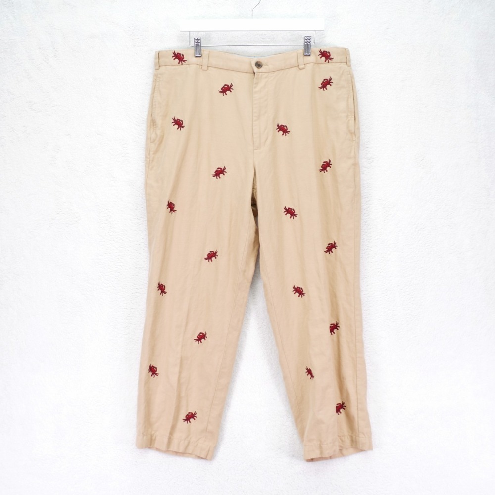 Brooks Brothers Hudson Linen Cotton Dress Pants Tan Red "Crab" Print 38 / 28